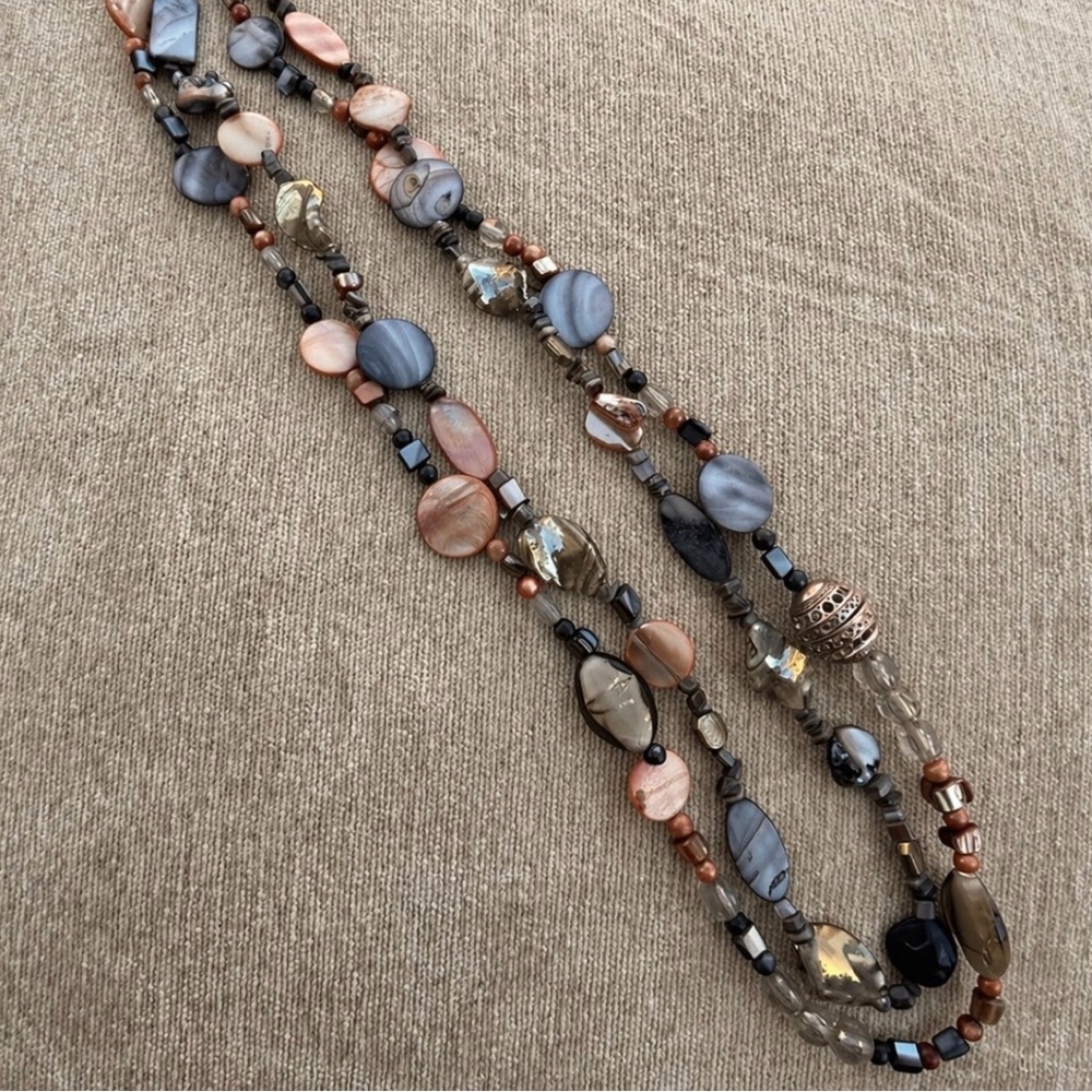 Artisan Shell Glass Filagree Metal Bead Long Necklace Coastal Boho Neutral 34” - Picture 4 of 4
